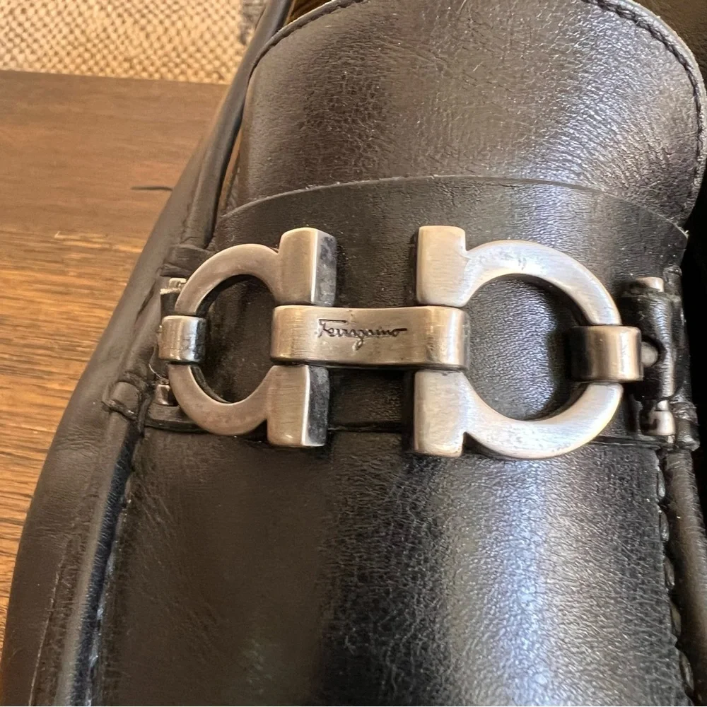 Salvatore Ferragamo DAVID Black Claf Leather Loafers 7.5 EEE US8.5 Wide